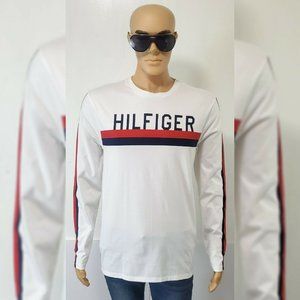 TOMMY HILFIGER LONG SLEEVE TSHIRTS MEN'S CREW NECK BIG STRIPE LOGO SIZE M WHITE